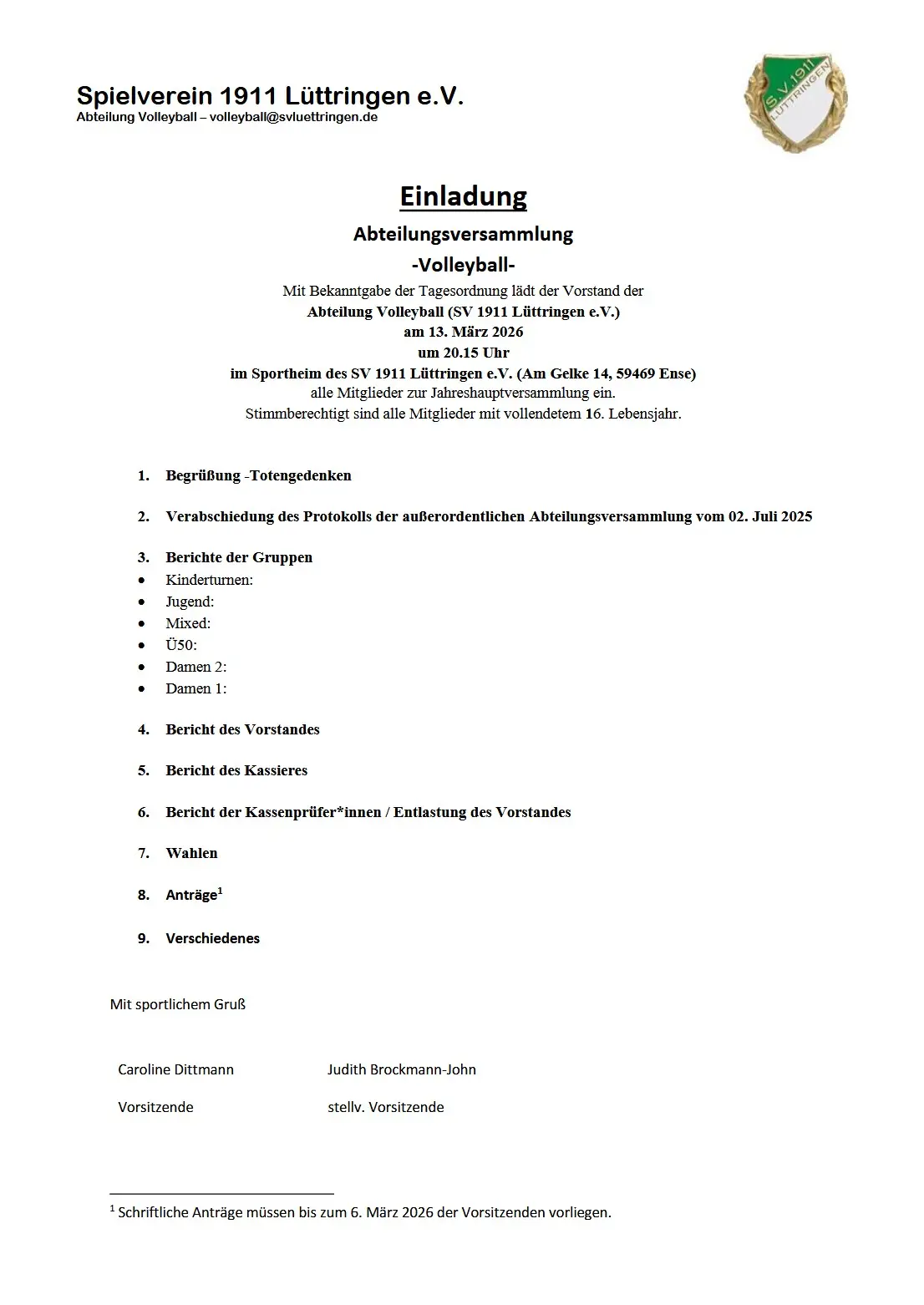 2026_Abteilungsversammlung_Volleyball Einladung zur Abteilungsversammlung der Volleyballabteilung des SV 1911 Lüttringen mit Details zur Versammlung und Tagesordnung.